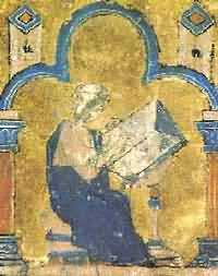 A miniature painting from a medieval manuscript, showing a man sitting at a desk writing a book.