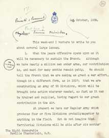 The first page of a letter from Churchill to Chamberlain, 1939