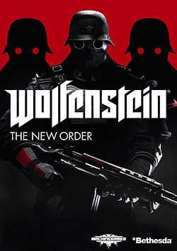 The game's cover art. The text "wolfenstein" is in the centre, with the text "THE NEW ORDER" written underneath it, aligned to the left. Behind the text is an enemy robot, holding a gun in his hands.
