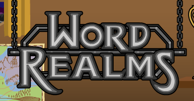 A metallic-looking sign with the words Word Realms hanging from chains.
