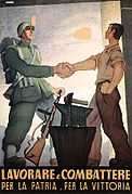 Painting of soldier and workman shaking hands