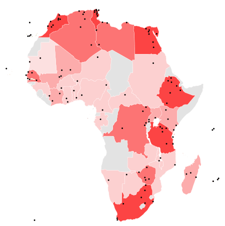 A map of World Heritage Sites in Africa by state party. The northern, eastern, and southern parts of the continent are relatively dense with sites; in contrast the western coast is home to relatively few.