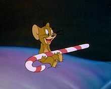 Jerry Mouse holding a Candy Cane