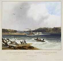 Painting of a steamboat stranded on a sandbar in the middle of a swift-flowing river