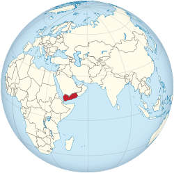 Location of  Yemen  (red)in the Arabian Peninsula  (light yellow)