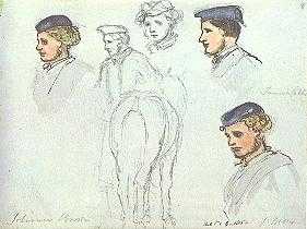 Several sketches of a person's head, some in color.