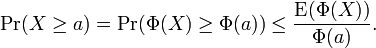 \Pr(X \geq a) = \Pr(\Phi (X) \geq \Phi (a)) \leq \frac{\textrm{E}(\Phi(X))}{\Phi (a)}.