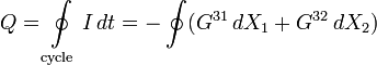 Q = \oint\limits_{\text{cycle}} I \, dt = -\oint (G^{31} \, dX_1 + G^{32} \, dX_2)