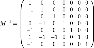 M^{-1} = \left(
\begin{array}{ccccccc}
 1 & 0 & 0 & 0 & 0 & 0 & 0 \\
 -1 & 1 & 0 & 0 & 0 & 0 & 0 \\
 -1 & 0 & 1 & 0 & 0 & 0 & 0 \\
 0 & -1 & 0 & 1 & 0 & 0 & 0 \\
 -1 & 0 & 0 & 0 & 1 & 0 & 0 \\
 1 & -1 & -1 & 0 & 0 & 1 & 0 \\
 -1 & 0 & 0 & 0 & 0 & 0 & 1
\end{array}
\right)