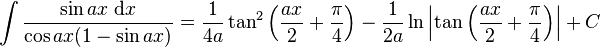 \int\frac{\sin ax\;\mathrm{d}x}{\cos ax(1-\sin ax)} = \frac{1}{4a}\tan^2\left(\frac{ax}{2}+\frac{\pi}{4}\right)-\frac{1}{2a}\ln\left|\tan\left(\frac{ax}{2}+\frac{\pi}{4}\right)\right|+C