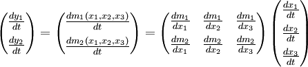  \begin{pmatrix} \frac{d y_{1}}{d t} \\[2mm] \frac{d y_{2}}{d t} \end{pmatrix} = \begin{pmatrix} \frac{d m_{1}(x_{1}, x_{2}, x_{3})}{d t} \\[2mm] \frac{d m_{2}(x_{1}, x_{2}, x_{3})}{d t} \end{pmatrix} = \begin{pmatrix} \frac{d m_{1}}{d x_{1}} & \frac{d m_{1}}{d x_{2}} & \frac{d m_{1}}{d x_{3}} \\[2mm] \frac{d m_{2}}{d x_{1}} & \frac{d m_{2}}{d x_{2}} & \frac{d m_{2}}{d x_{3}} \end{pmatrix} \, \begin{pmatrix} \frac{d x_{1}}{d t} \\[2mm] \frac{d x_{2}}{d t} \\[2mm] \frac{d x_{3}}{d t} \end{pmatrix} 