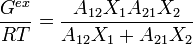  \frac{G^{ex}}{RT}= \frac {A_{12} X_1 A_{21}X_2}{A_{12} X_1 +A_{21} X_2} 