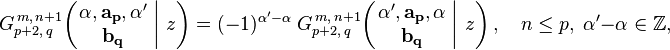 
G_{p+2,\,q}^{\,m,\,n+1} \!\left( \left. \begin{matrix} \alpha, \mathbf{a_p}, \alpha' \\ \mathbf{b_q} \end{matrix} \; \right| \, z  \right) =
(-1)^{\alpha'-\alpha} \; G_{p+2,\,q}^{\,m,\,n+1} \!\left( \left. \begin{matrix} \alpha', \mathbf{a_p}, \alpha \\ \mathbf{b_q} \end{matrix} \; \right| \, z \right), \quad n \leq p, \; \alpha'-\alpha \in \mathbb{Z},
