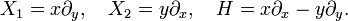 X_1 = x\partial_y, \quad X_2 = y\partial_x, \quad H=x\partial_x - y\partial_y.