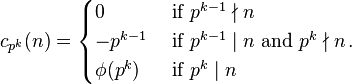 
c_{p^k}(n) = 
\begin{cases}
0         &\mbox{  if }p^{k-1}\nmid n\\
-p^{k-1}  &\mbox{  if }p^{k-1}\mid n \mbox{ and }p^k\nmid n\\
\phi(p^k) &\mbox{  if }p^k\mid n\\
\end{cases}
.