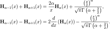 \begin{align}
\mathbf{H}_{\alpha -1}(x) + \mathbf{H}_{\alpha+1}(x) &= \frac{2\alpha}{x} \mathbf{H}_\alpha (x) + \frac{\left (\frac{x}{2}\right)^{\alpha}}{\sqrt{\pi}\Gamma \left (\alpha + \frac{3}{2} \right )}, \\
\mathbf{H}_{\alpha -1}(x) - \mathbf{H}_{\alpha+1}(x) &= 2 \frac{d}{dx} \left (\mathbf{H}_\alpha(x) \right) - \frac{ \left( \frac{x}{2} \right)^\alpha}{\sqrt{\pi}\Gamma \left (\alpha + \frac{3}{2} \right )}.
\end{align}