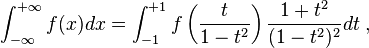 
\int_{-\infty}^{+\infty}f(x)dx = \int_{-1}^{+1}f\left(\frac{t}{1-t^2}\right)\frac{1+t^2}{(1-t^2)^2}dt \;,
