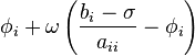 \phi_i + \omega \left( \frac{b_i - \sigma}{a_{ii}} - \phi_i\right)