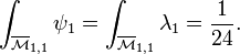  \int_{\overline{\mathcal{M}}_{1,1}} \psi_1 = \int_{\overline{\mathcal{M}}_{1,1}} \lambda_1= \frac1{24}.