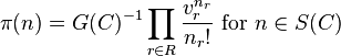 \pi(n) = G(C)^{-1} \prod_{r \in R} \frac{v_r^{n_r}}{n_r!} \text { for } n \in S(C)