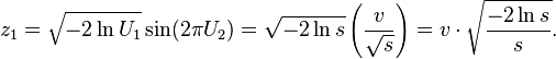 z_1 = \sqrt{-2 \ln U_1} \sin(2 \pi U_2) = \sqrt{-2 \ln s}\left( \frac{v}{\sqrt{s}}\right) = v \cdot \sqrt{\frac{-2 \ln s}{s}}.