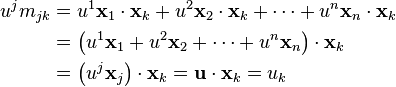 \begin{align}
u^j m_{j k} &= u^1 \mathbf{x}_1 \cdot \mathbf{x}_k + u^2 \mathbf{x}_2 \cdot \mathbf{x}_k + \cdots + u^n \mathbf{x}_n \cdot \mathbf{x}_k\\
&= \left (u^1 \mathbf{x}_1 + u^2 \mathbf{x}_2 + \cdots + u^n \mathbf{x}_n \right ) \cdot \mathbf{x}_k\\
&= \left (u^j \mathbf{x}_j \right ) \cdot \mathbf{x}_k = \mathbf{u} \cdot \mathbf{x}_k = u_k \end{align}
