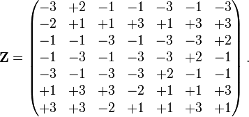 {\mathbf Z} = \left ( \begin{matrix}
-3 & +2 & -1 & -1 & -3 & -1 & -3 \\
-2 & +1 & +1 & +3 & +1 & +3 & +3 \\
-1 & -1 & -3 & -1 & -3 & -3 & +2 \\
-1 & -3 & -1 & -3 & -3 & +2 & -1 \\
-3 & -1 & -3 & -3 & +2 & -1 & -1 \\
+1 & +3 & +3 & -2 & +1 & +1 & +3 \\
+3 & +3 & -2 & +1 & +1 & +3 & +1 \end{matrix} \right ).