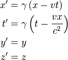 \begin{align}
x' &= \gamma \left( x - v t \right)\\
t' &= \gamma \left( t - \frac{vx}{c^2} \right) \\ 
y' &= y \\ 
z' &= z
\end{align}