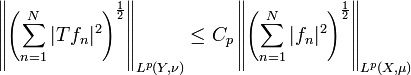  \left\|\left(\sum_{n=1}^{N}|Tf_n|^{2} \right)^{\frac{1}{2}}\right\|_{L^p(Y,\nu)}\leq C_p\left\|\left(\sum_{n=1}^{N}|f_{n}|^{2}\right)^{\frac{1}{2}}\right\|_{L^p(X,\mu)} 