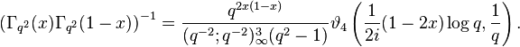  \left(\Gamma_{q^2}(x)\Gamma_{q^2}(1-x)\right)^{-1}=\frac{q^{2x(1-x)}}{(q^{-2};q^{-2})^3_\infty(q^2-1)}\vartheta_4\left(\frac{1}{2i}(1-2x)\log q,\frac{1}{q}\right). 