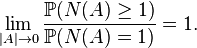 \lim\limits_{|A|\to 0} \dfrac{\mathbb{P}(N(A)\geq 1)}{\mathbb{P}(N(A)=1)}=1.