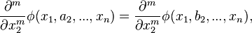  \frac{\partial^m }{\partial x_2^m} \phi(x_1,a_2,...,x_n) = \frac{\partial^m }{\partial x_2^m} \phi(x_1,b_2,...,x_n), 