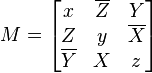  M = \begin{bmatrix}
x & \overline{Z} & Y \\
Z & y & \overline{X} \\
\overline{Y} & X & z
\end{bmatrix} 