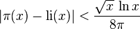 |\pi(x)-{\rm li}(x)|<\frac{\sqrt x\,\ln x}{8\pi}