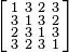 \left [
\begin{smallmatrix}
 1 &  3 &  2 & 3 \\
 3 &  1 &  3 & 2 \\
 2 &  3 &  1 & 3\\
 3 &  2 &  3 & 1 
\end{smallmatrix}\right ]