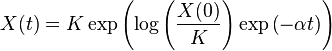  X(t) = K \exp\left( \log\left( \frac{X(0)}{K} \right) \exp\left(-\alpha t \right) \right) 