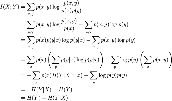 
\begin{align}
I(X;Y) & {} = \sum_{x,y} p(x,y) \log \frac{p(x,y)}{p(x)p(y)}\\ 
& {} = \sum_{x,y} p(x,y) \log \frac{p(x,y)}{p(x)} - \sum_{x,y} p(x,y) \log p(y)  \\ 

& {} = \sum_{x,y} p(x)p(y|x) \log p(y|x) - \sum_{x,y} p(x,y) \log p(y) \\
& {} = \sum_x p(x) \left(\sum_y p(y|x) \log p(y|x)\right) - \sum_y \log p(y) \left(\sum_x p(x,y)\right) \\

& {} = -\sum_x p(x) H(Y|X=x) - \sum_y \log p(y) p(y) \\
& {} = -H(Y|X) + H(Y)  \\
& {} = H(Y) - H(Y|X).  \\
\end{align}
