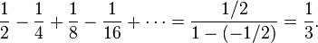 \frac12-\frac14+\frac18-\frac{1}{16}+\cdots=\frac{1/2}{1-(-1/2)} = \frac13.