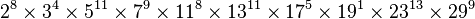 2^8\times3^4\times5^{11}\times7^9\times11^8\times13^{11}\times17^5\times19^1\times23^{13}\times29^9