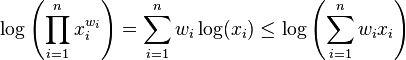 \begin{align}
  \log \left(\prod_{i=1}^nx_i^{w_i} \right) = \sum_{i=1}^nw_i\log(x_i) &\leq \log\left( \sum_{i=1}^nw_ix_i \right) \\
\end{align}