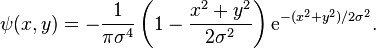 
\psi(x,y) = -\frac{1}{\pi\sigma^4}\left(1-\frac{x^2+y^2}{2\sigma^2}\right) \mathrm{e}^{-(x^2+y^2)/2\sigma^2}.

