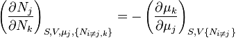 
\left(\frac{\partial N_j}{\partial N_k}\right)_{S,V,\mu_j,\{N_{i\ne j,k}\}} =
-\left(\frac{\partial \mu_k}{\partial \mu_j}\right)_{S,V\{N_{i\ne j}\}}
