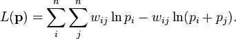 L(\mathbf{p}) = \sum_i^n \sum_j^n w_{ij} \ln p_i - w_{ij} \ln(p_i + p_j).