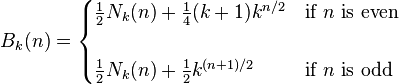 
B_k(n) = 
\begin{cases}
{1\over 2}N_k(n) + {1\over 4}(k+1)k^{n/2} & \text{if }n\text{ is even} \\  \\
{1\over 2}N_k(n) + {1 \over 2}k^{(n+1)/2} & \text{if }n\text{ is odd}
\end{cases}
