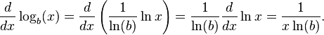 \frac{d}{dx}\log_b(x) = \frac{d}{dx} \left( \frac{1}{\ln(b)} \ln{x} \right) = \frac{1}{\ln(b)} \frac{d}{dx} \ln{x} = \frac{1}{x\ln(b)}. 