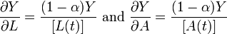 \frac{ \partial Y}{ \partial L} = \frac{ (1 - {\alpha})Y }{[L(t)]} \text{ and  } \frac{ \partial Y}{ \partial A} = \frac{ (1 - {\alpha})Y }{[A(t)]} 