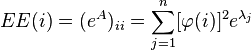 EE(i)=(e^A)_{ii}=\sum_{j=1}^{n}[\varphi(i)]^2 e^{\lambda _j}