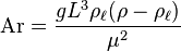 \mathrm{Ar} = \frac{g L^3 \rho_\ell (\rho - \rho_\ell)}{\mu^2}