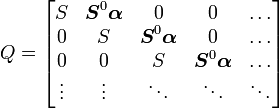 
Q=\left[\begin{matrix}
S&\boldsymbol{S}^{0}\boldsymbol{\alpha}&0&0&\dots\\
0&S&\boldsymbol{S}^{0}\boldsymbol{\alpha}&0&\dots\\
0&0&S&\boldsymbol{S}^{0}\boldsymbol{\alpha}&\dots\\
\vdots&\vdots&\ddots&\ddots&\ddots\\
\end{matrix}\right]
