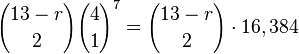 {13-r \choose 2}{4 \choose 1}^7 = {13-r \choose 2} \cdot 16,384